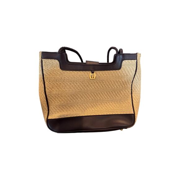Etienne Aigner Straw Tote Bag Brown Leather Trim Shoulder Purse Preppy Coastal - Picture 3 of 12